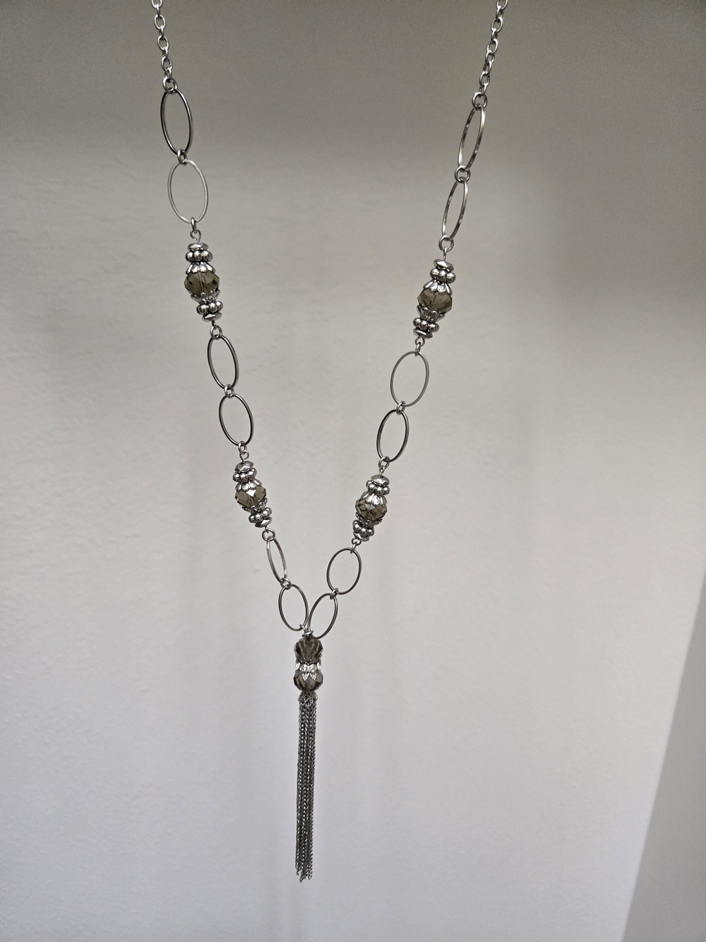 Silver Tone Smoky Crystal Beaded Link Tassel Statement Necklace